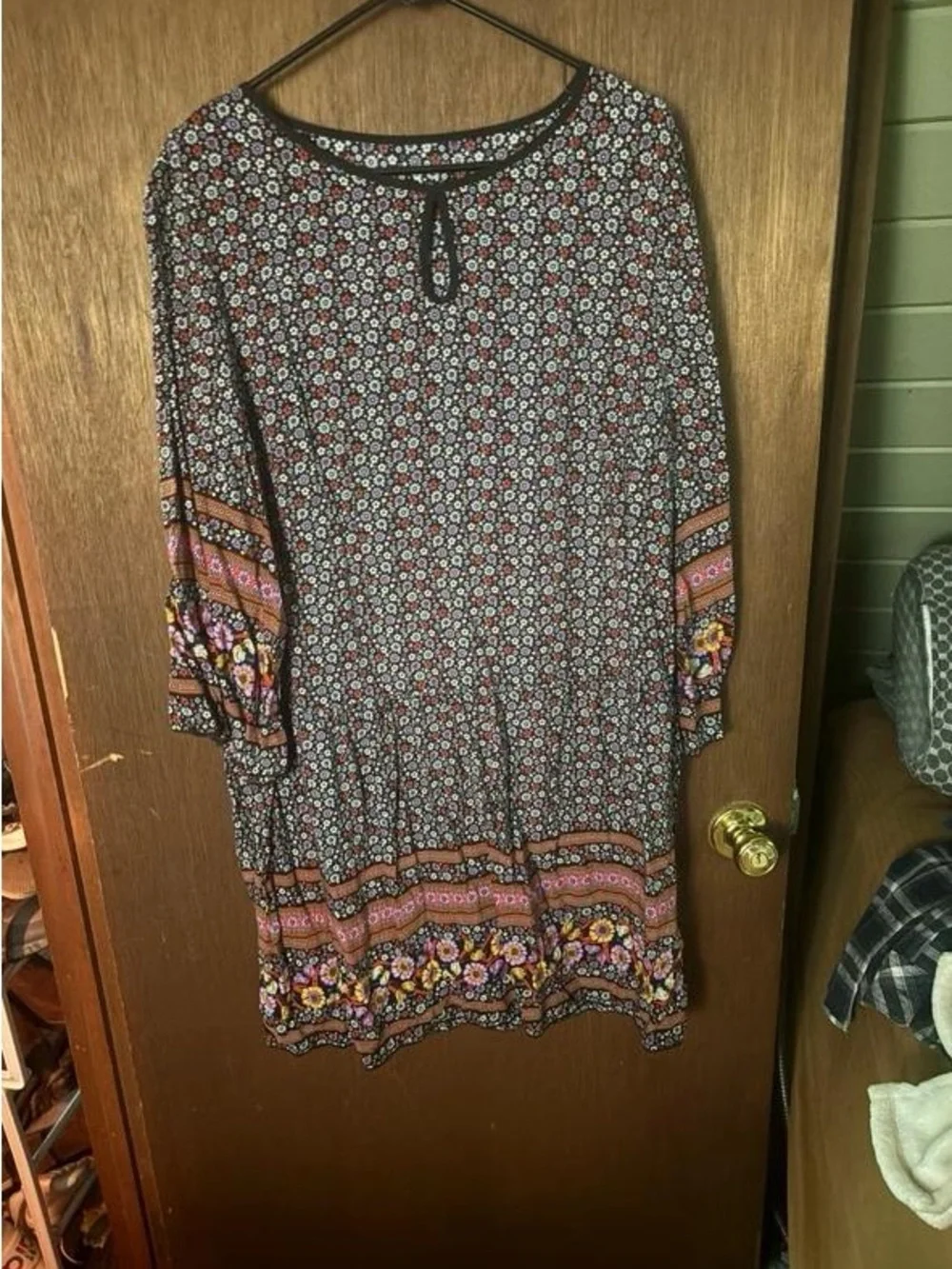Floral Border Maxi Dress - Black with Rust & Cream Accents
